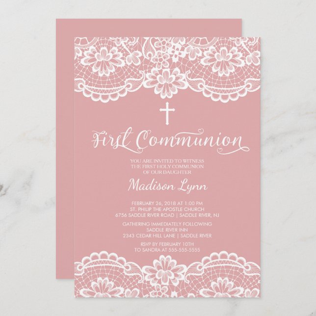 Rose Pink Lace First Holy Communion Invitation (Front/Back)