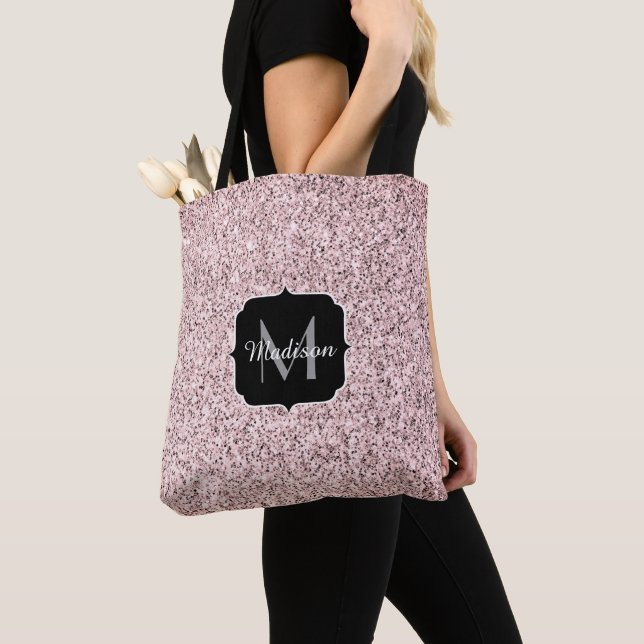 Rose pink light glitter sparkles Monogram Tote Bag (Close Up)