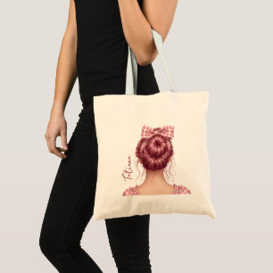 Rose Pink Messy Bun with Large Gingham Bow Tote Bag