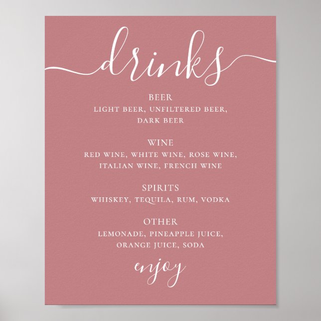 Rose Pink Modern Script Wedding Drinks Bar Menu Poster (Front)