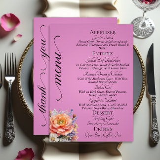 Rose Pink - Monogram, Wildflowers & Thank You  Menu