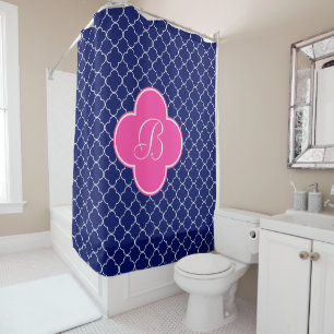 Rose Pink Monogrammed Navy Quatrefoil Pattern Shower Curtain