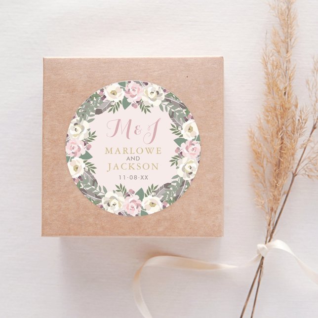 Rose Pink Moody Floral Boho Wedding Monogram Classic Round Sticker (Creator Uploaded)