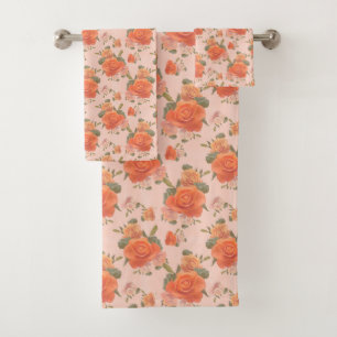 rose pink orange floral pattern wedding spring bath towel set
