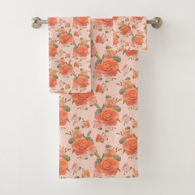 rose pink orange floral pattern wedding spring bath towel set (Insitu)