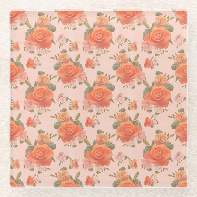 rose pink orange floral pattern wedding spring glass coaster (Front)