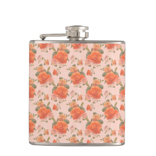 rose pink orange floral pattern wedding spring hip flask
