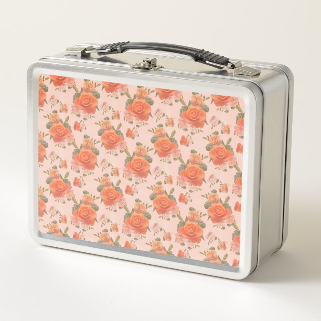 rose pink orange floral pattern wedding spring metal lunch box (Front)