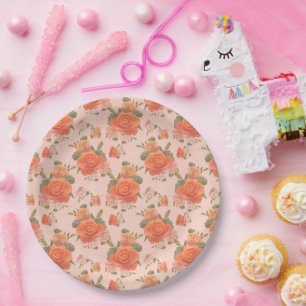 rose pink orange floral pattern wedding spring paper plate