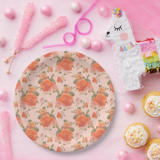 rose pink orange floral pattern wedding spring paper plate (Party)