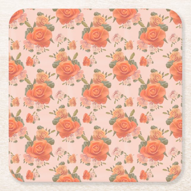 rose pink orange floral pattern wedding spring square paper coaster (Front)