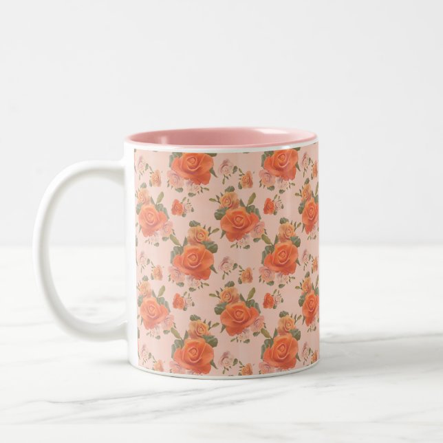 rose pink orange floral pattern wedding spring Two-Tone coffee mug (Left)