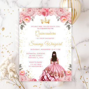Rose Pink Princess Floral Quinceañera Invitation