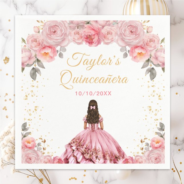 Rose Pink Princess Floral Quinceañera Napkin (Creator Uploaded)
