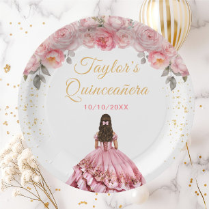 Rose Pink Princess Floral Quinceañera Paper Plate