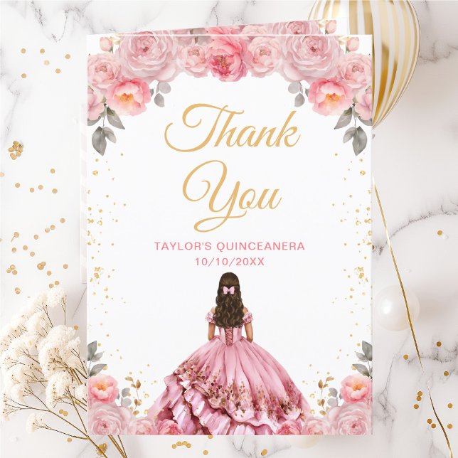 Rose Pink Princess Floral Quinceañera Thank You Card (Creator Uploaded)
