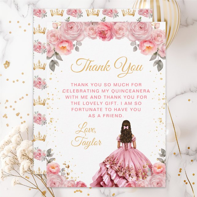 Rose Pink Princess Floral Quinceañera Thank You Card (Creator Uploaded)