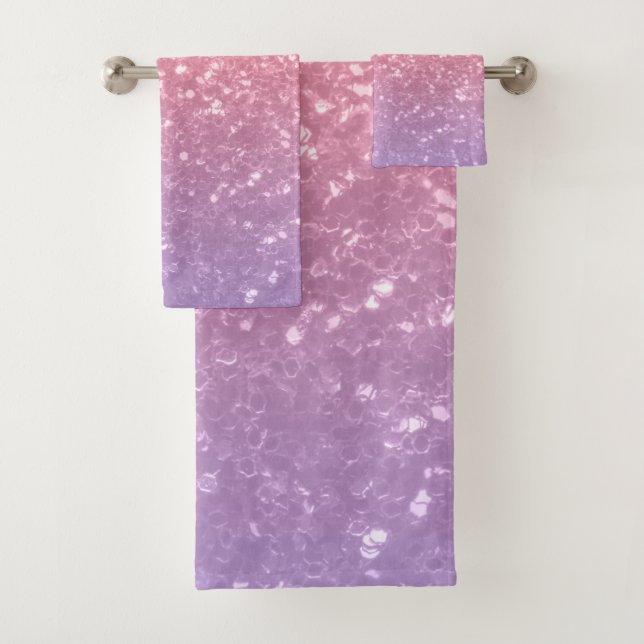 Rose pink purple lavender faux sparkles glitters bath towel set (Insitu)