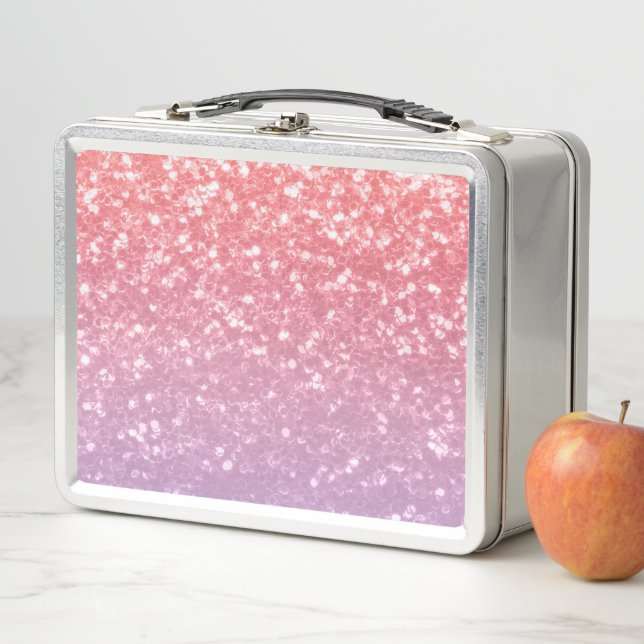 Rose pink purple lavender faux sparkles glitters metal lunch box (In Situ)