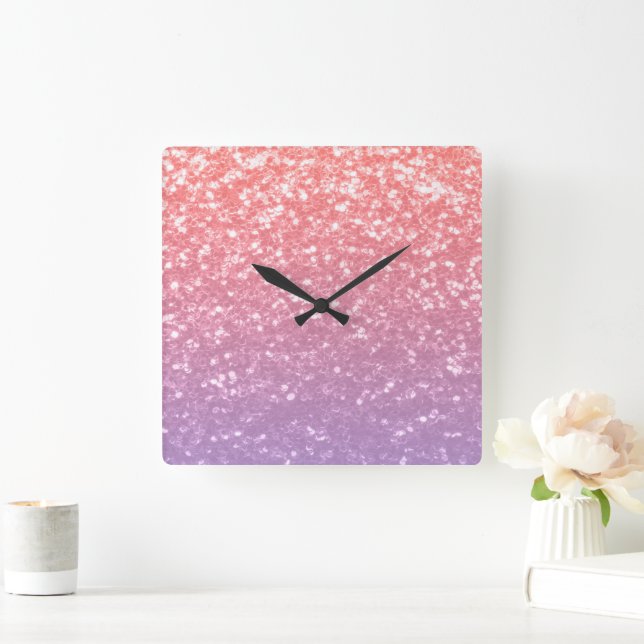 Rose pink purple lavender faux sparkles glitters square wall clock (Home)