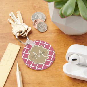 Rose Pink Quatrefoil Pattern With Big Tan Monogram Key Ring