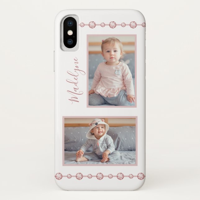 Rose Pink Rhinestone Name Photo Case-Mate iPhone Case (Back)