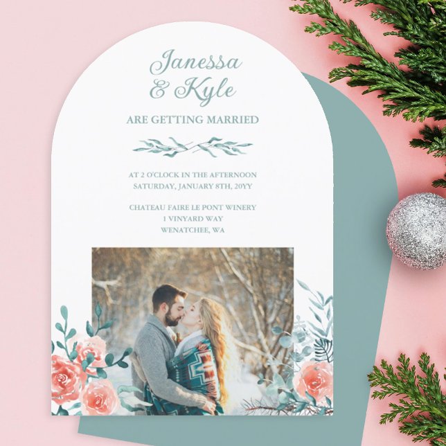 Rose-Pink Roses, Light Green Eucalyptus Wedding Invitation (peach roses, light green eucalyptus leaves winter wedding invitation)