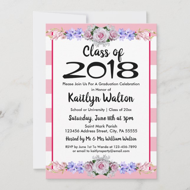 Rose Pink Stripes Graduation Party Invitation (Front)