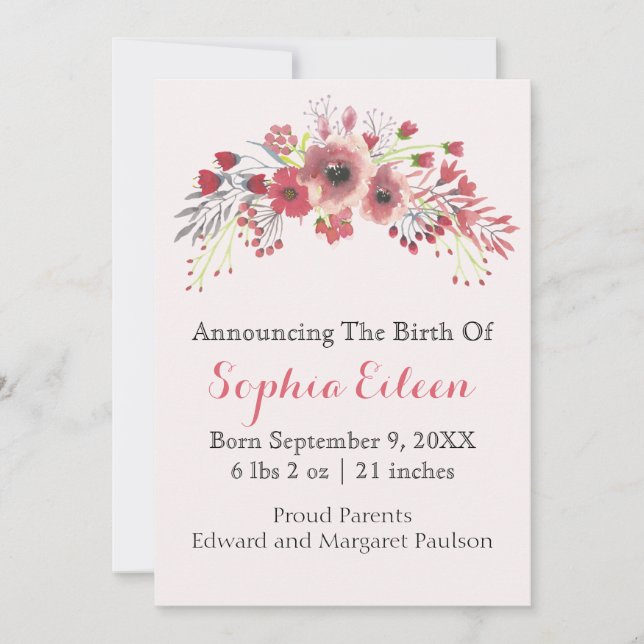 Rose Pink Watercolor Baby Girl Birth Announcement (Front)