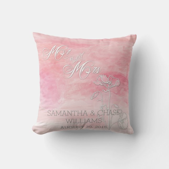 ROSE PINK WATERCOLOR POPPIES  WEDDING CUSHION (Front)