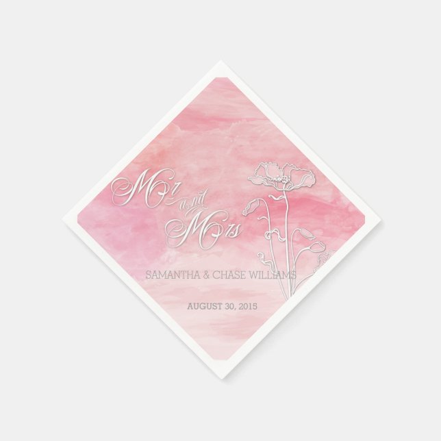 ROSE PINK WATERCOLOR POPPIES WEDDING NAPKINS (Corner)