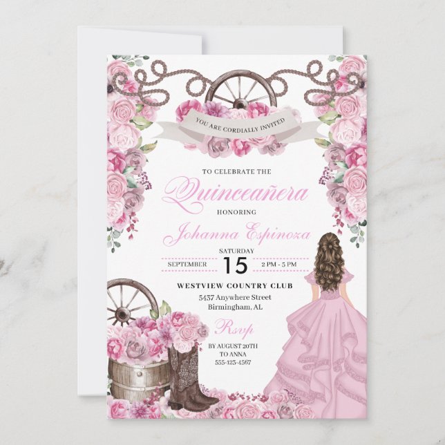 Rose Pink Western Ranchero Quinceanera Invitation (Front)