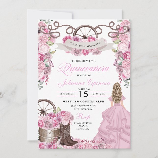 Rose Pink Western Ranchero Quinceanera Invitation (Front)