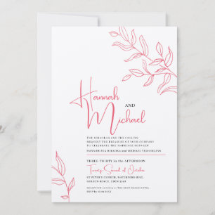 Rose pink white branch of leaves sketch wedding invitation