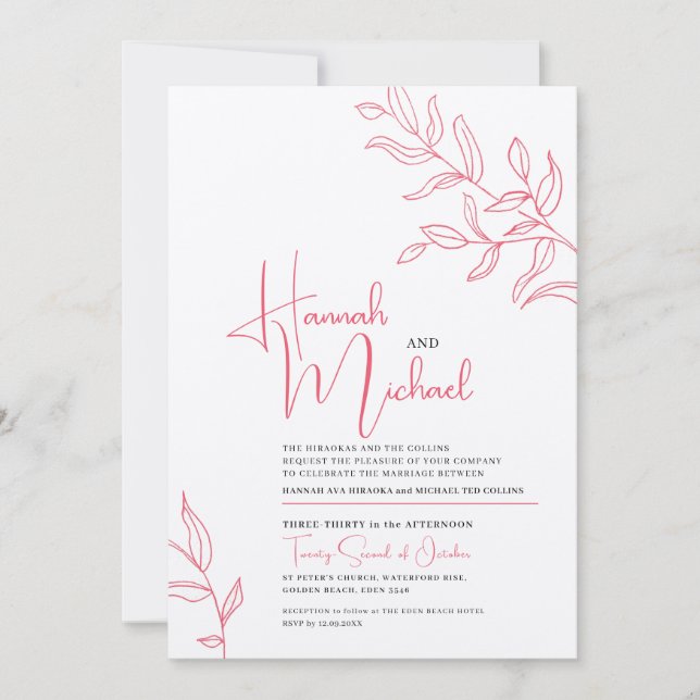 Rose pink white branch of leaves sketch wedding invitation (Front)