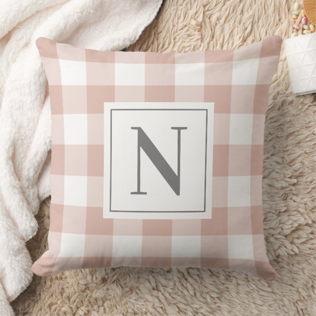 Rose Pink White Gingham Check Monogram Initial Cushion (Blanket)