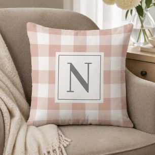 Rose Pink White Gingham Check Monogram Initial Cushion