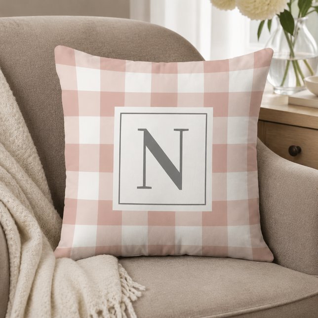 Rose Pink White Gingham Check Monogram Initial Cushion (Creator Uploaded)