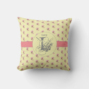 Rose Pink Yellow Floral Unique Chic Monogram Name Cushion