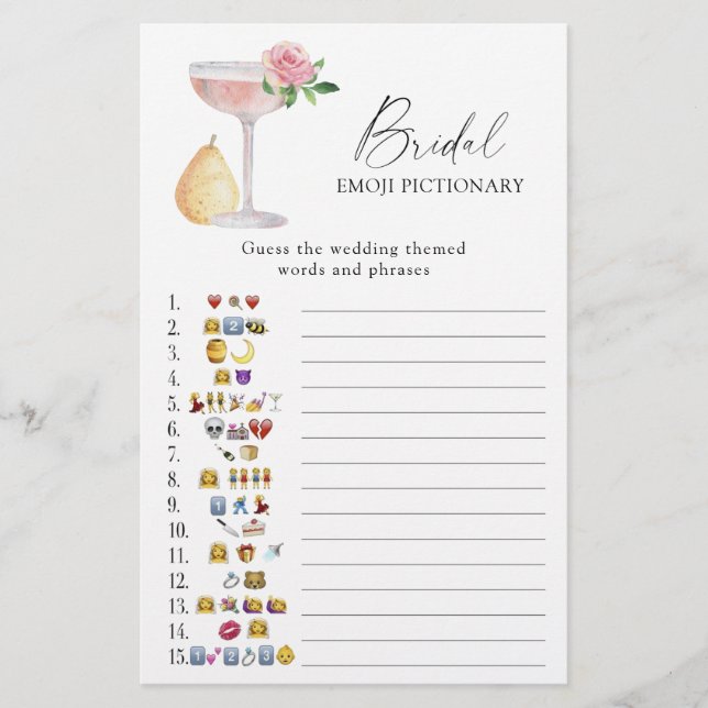 Rose Prosecco bridal shower emoji pictionary game (Front)