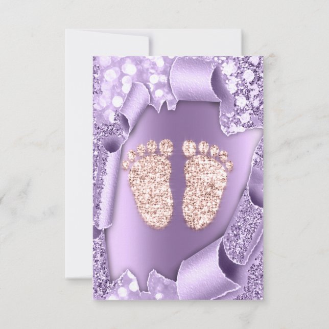 Rose Purple  Baby Shower Feet Boy Girl 3d Glitter Invitation (Back)