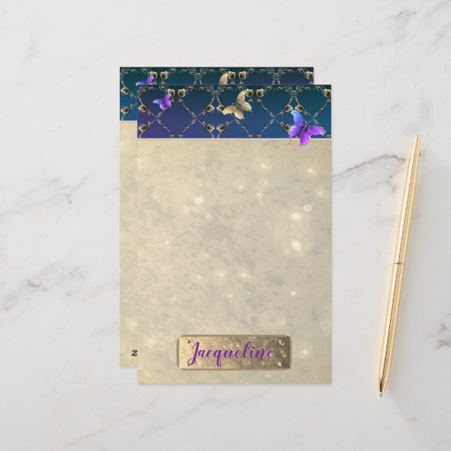 Rose Purple Butterflies w/Name  Stationery (Front/Back In Situ)