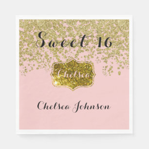 Rose Quartz Glitter Gold Sweet 16 Napkin