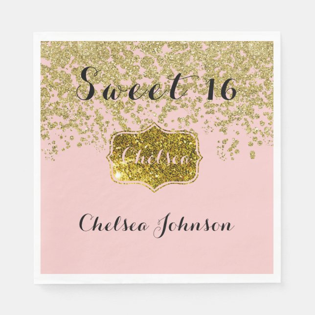 Rose Quartz Glitter Gold Sweet 16 Napkin (Front)