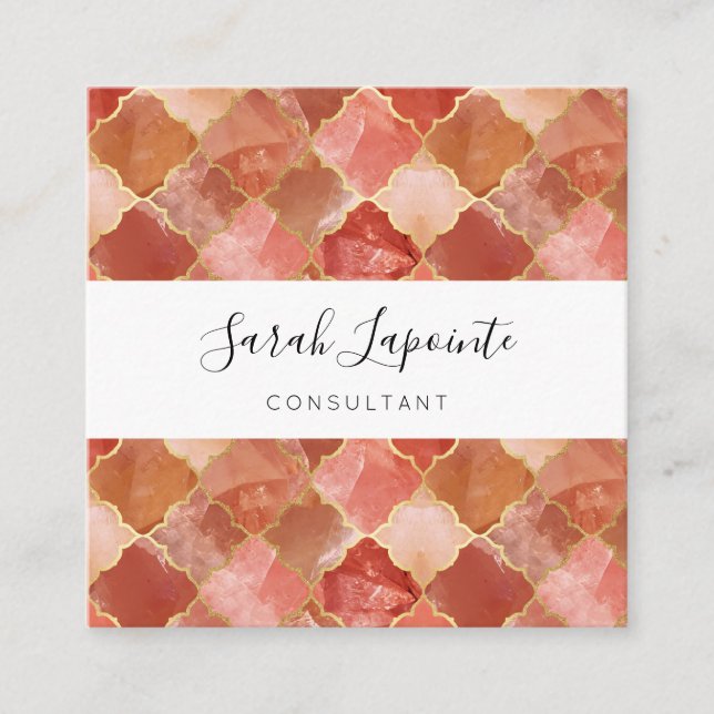 Rose Quartz & Gold Chic & Elegant Moroccan Pattern Square Business Card (Front)