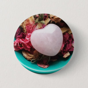 Rose Quartz Heart in a Bed of Rose Petals 6 Cm Round Badge