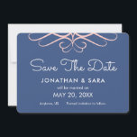 Rose Quartz on Denim Blue, Elegant Save the Date<br><div class="desc">This wedding save the date card features rose quartz flourishes on a denim blue background. Background colour can be changed to any available colour.</div>