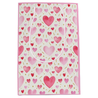 Rose Quartz Romance: Watercolor Hearts & Gold  Medium Gift Bag