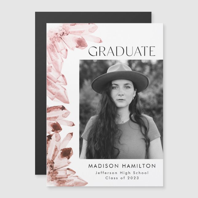 Rose Quartz Watercolor Crystals Photo Graduation Magnetic Invitation (Front/Back)
