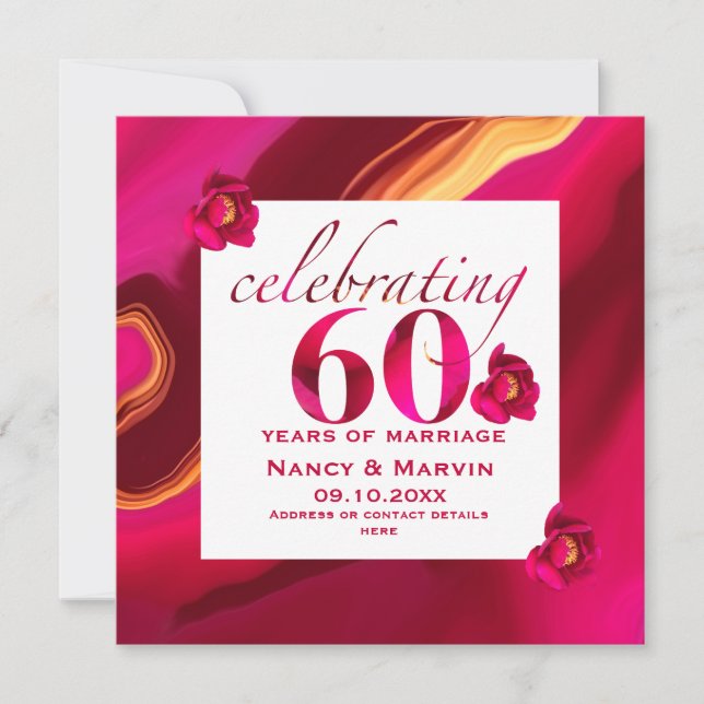 Rose red floral elegant 60th wedding anniversary invitation (Front)